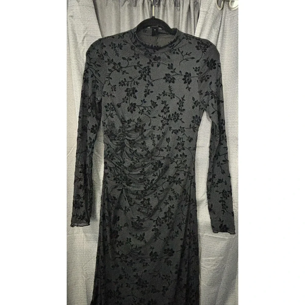 SHEIN‎ Velvet Burnout Sheer Overlay Maxi Dress Womens M Black Floral Whimsigoth - Picture 4 of 15